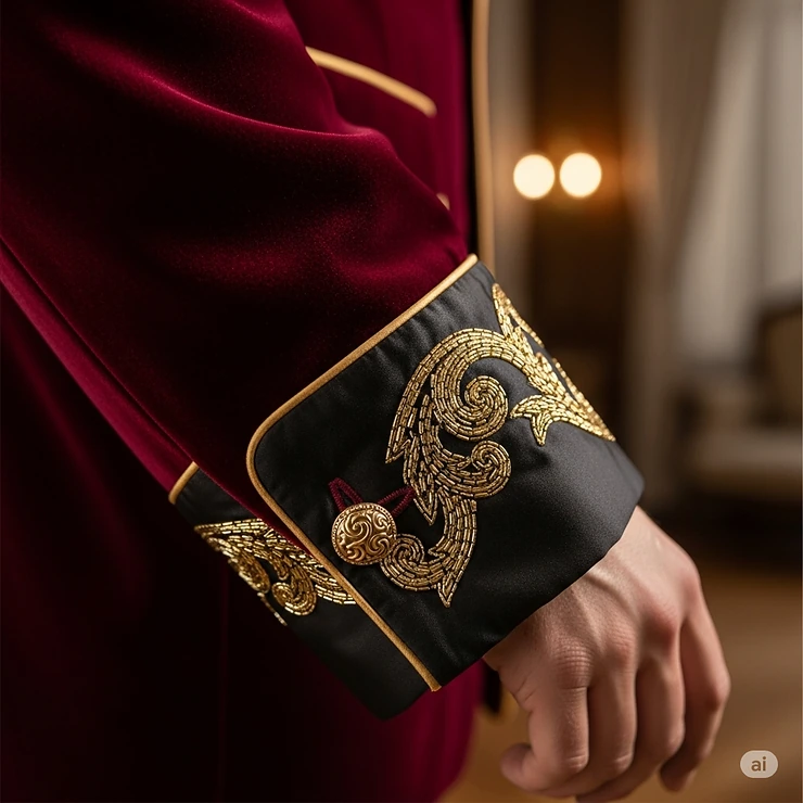 Close-up shot of a luxurious velvet smoking jacket, highlighting the rich texture and detailed embroidery on the cuffs.