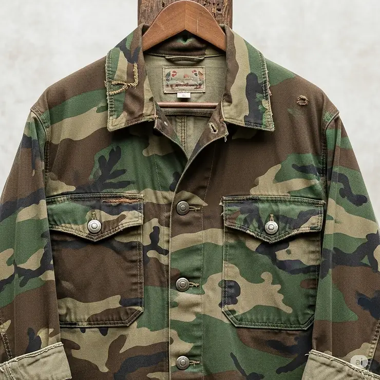 A vintage-inspired camouflage jacket featuring classic details and a worn-in look, appealing to retro fashion enthusiasts.