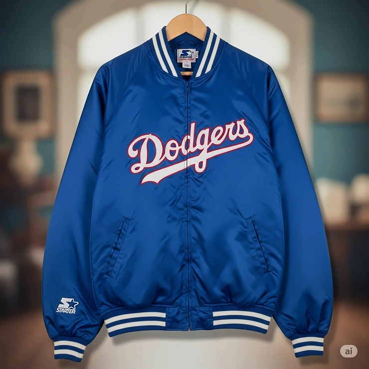 A vintage Starter brand Dodgers satin jacket in excellent condition, showcasing the classic design.