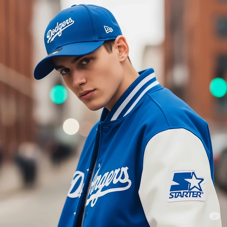 A model wearing a vintage Los Angeles Dodgers Starter jacket with white sleeves and the official team patch on the arm, paired with a matching baseball cap.