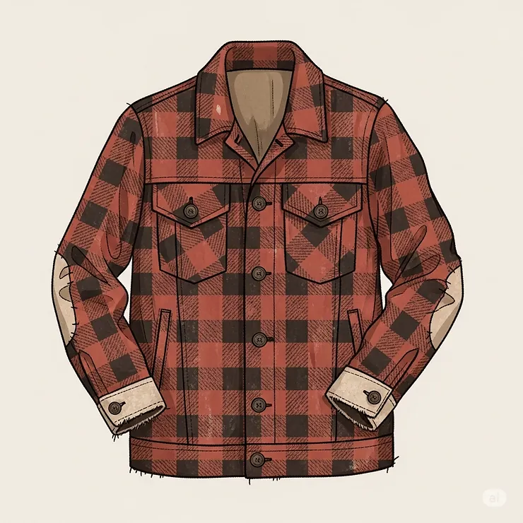 An illustration of a vintage-style flannel jacket with a distressed look, appealing to retro fashion enthusiasts.