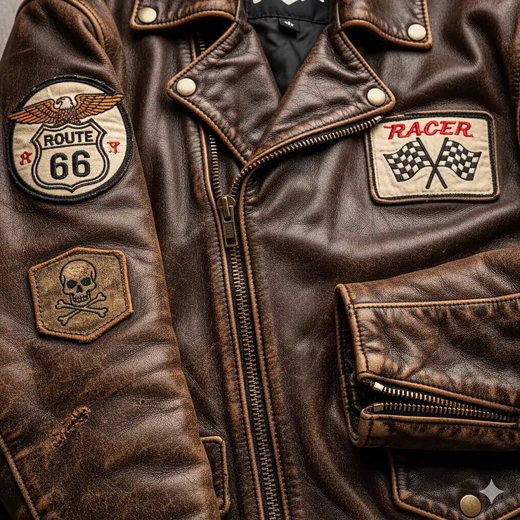 A close-up shot of a vintage leather motorcycle jacket showcasing the distressed leather texture and retro patches.