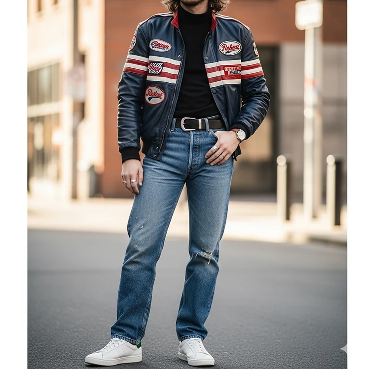 A full-body shot of an outfit styled around a vintage racing jacket, showing how to pair it with other clothing items.