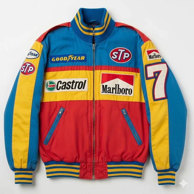 A vintage racing jacket with bold sponsor logos and vibrant colors, perfect for a retro and stylish look.