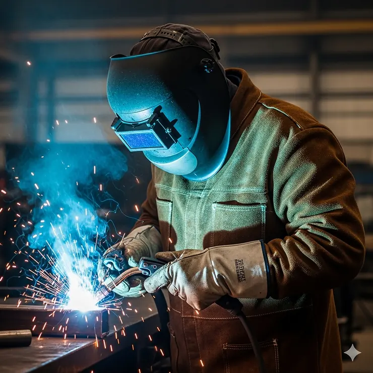 A professional welder using an arc welder while wearing a full-length leather welding jacket for protection.