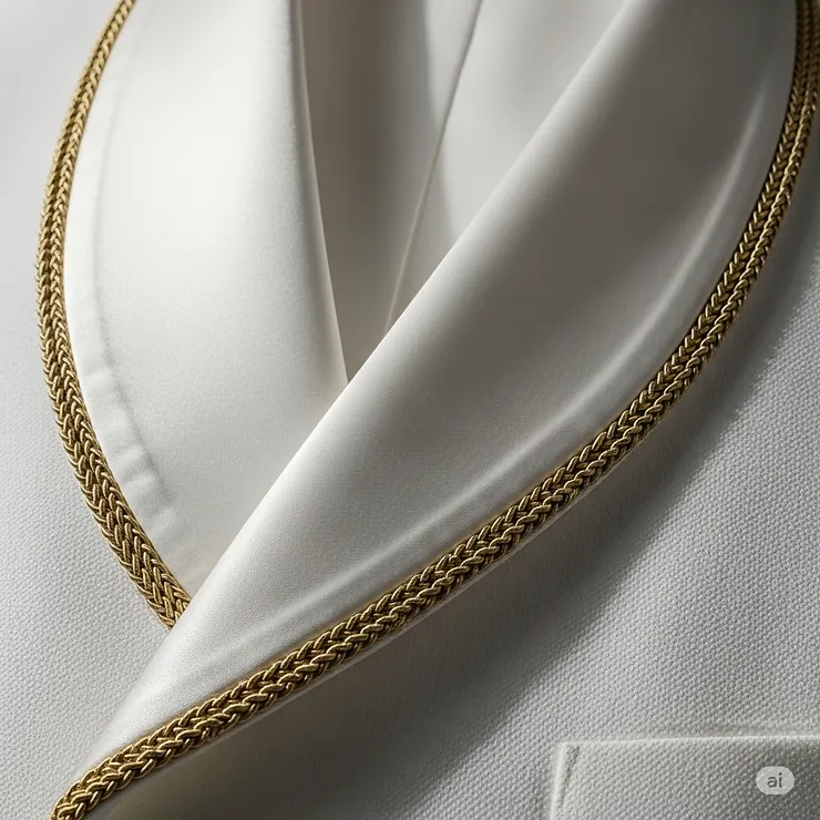 A close-up of a white smoking jacket's shawl collar with satin lapels and a rope-style trim.