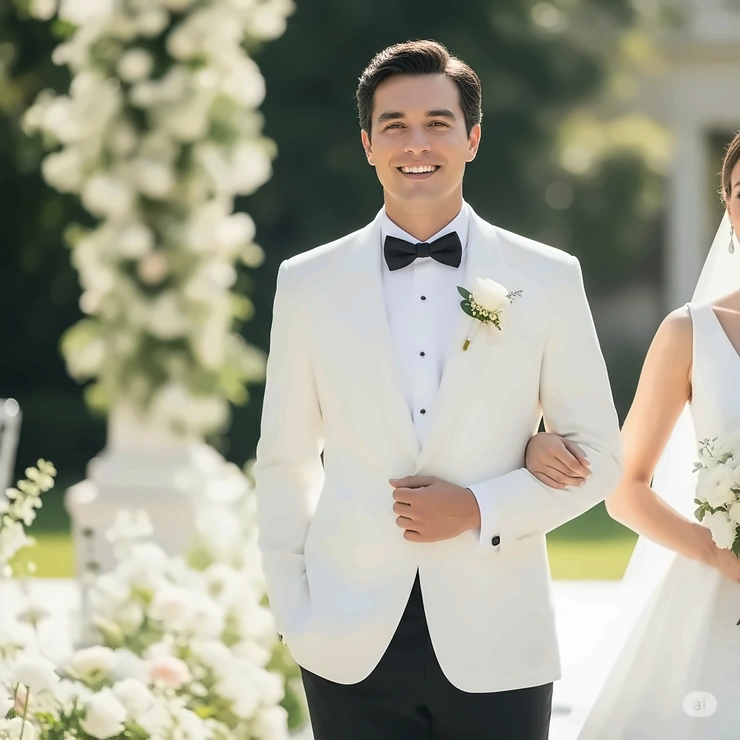 A groom wearing a white smoking jacket as a stylish alternative to a traditional tuxedo for a wedding.