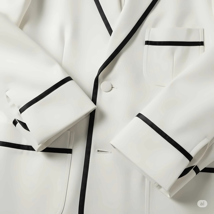 The patch pockets and cuffs of a white smoking jacket, highlighting the contrasting black satin piping.