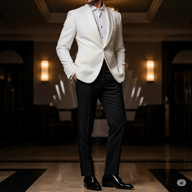 A full-body view of a stylish outfit pairing a white smoking jacket with black tuxedo pants and patent leather shoes.