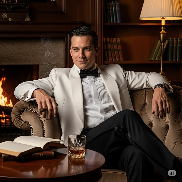 Elegant man wearing a classic white smoking jacket with a black bow tie, lounging in a sophisticated setting.
