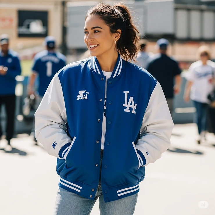 A woman wearing the jacket, demonstrating its versatile fit and appeal for both male and female fans.