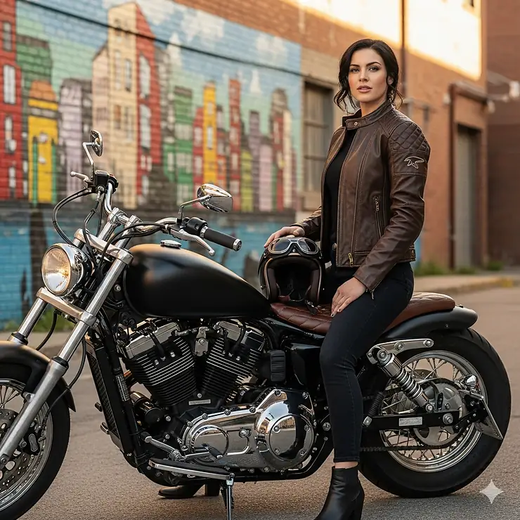 A stylish woman posing with her custom cruiser, wearing a fitted leather motorcycle jacket designed for both protection and fashion.
