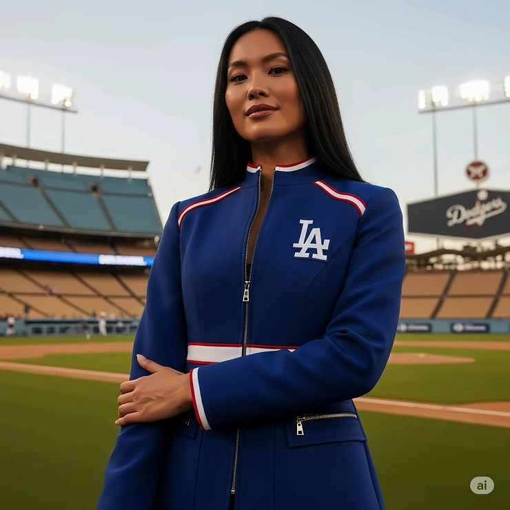 A woman wears a stylish Los Angeles Dodgers jacket designed specifically for women, featuring a tailored fit.