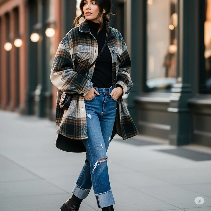 A woman sports an oversized flannel jacket as a chic street style statement, showcasing its versatility.