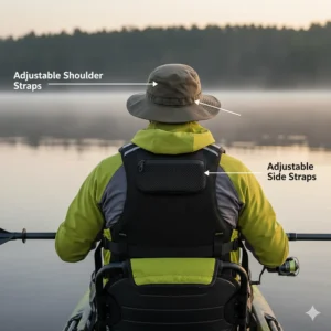 A diagram highlighting the adjustable shoulder and side straps on a kayak life jacket, showing how to achieve a snug and secure fit.