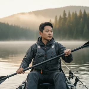 An angler wearing a low-profile fishing life jacket designed for kayaking, navigating calm water.