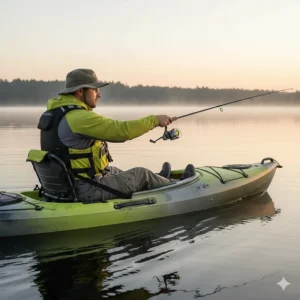 An illustration of a fisherman sitting in a kayak and wearing a lightweight, comfortable life vest with arm cutouts for easy casting.
