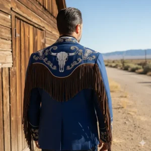Back view showing the unique yoke and fringed detail on a tailored western suit jacket.