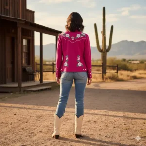 Full back view showcasing the tailored fit of this fashionable ladies' western jacket.