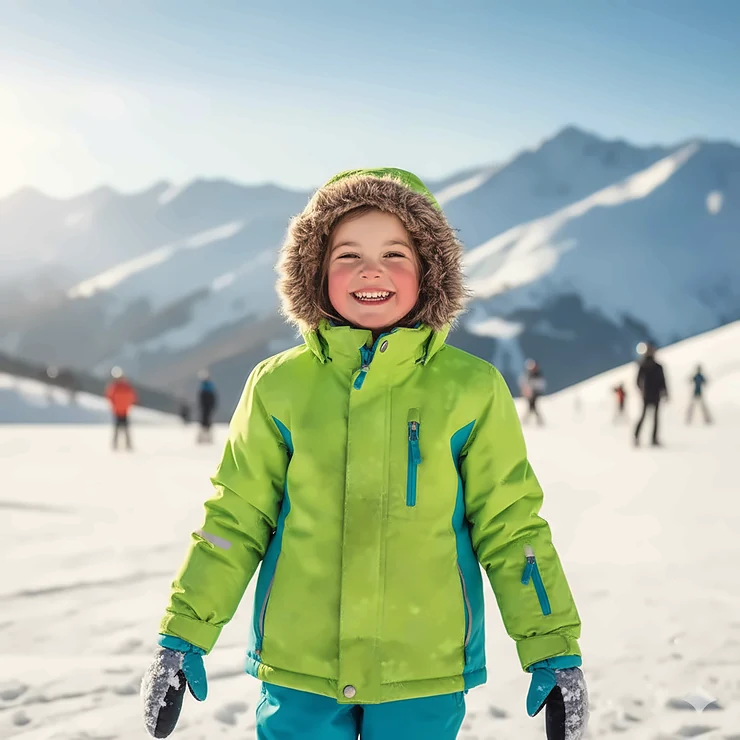 A child wearing a brightly colored, insulated ski jacket while smiling on a snowy mountain. This jacket is one of the best for kids' warmth and protection. best children's ski jackets