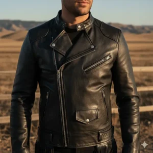 Black leather cowboy jacket with a subtle biker style, including zip pockets and a stand-up collar.