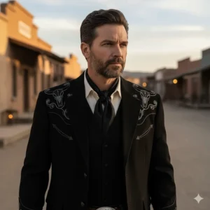 Model wearing a sophisticated black suede cowboy suit jacket perfect for formal western events.