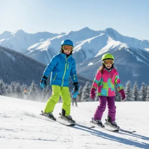 Two children, a boy and a girl, skiing down a slope in their durable, insulated ski jackets. The jackets allow for a full range of motion.