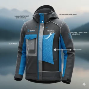 A cutaway diagram showing the breathable membrane technology used in a top-tier waterproof fishing jacket.
