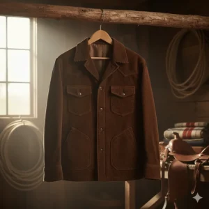 Textured brown corduroy Western jacket for men, featuring a pointed collar and chest pockets.