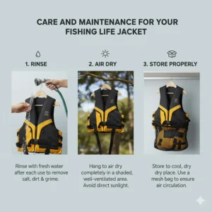 A visual guide on how to clean and properly store a fishing life jacket to ensure its longevity and performance.