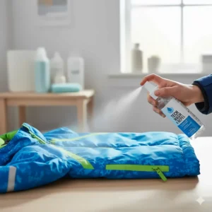 A close-up shot of a hand using a special cleaning product on a children's ski jacket to maintain its waterproof and breathable qualities.