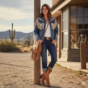 Ladies' cowboy jacket paired with jeans and boots for a perfect casual weekend outfit.
