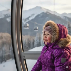 A happy child in a warm, purple ski jacket looking out of a ski resort gondola. The jacket provides excellent insulation against the cold.