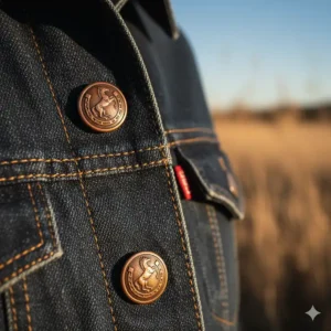Detailed shot of the embossed metal buttons on a traditional cowboy jacket, highlighting the hardware and closure.