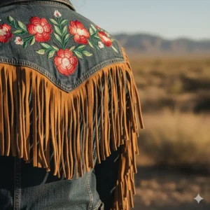 Close-up of the beautiful fringe and embroidery on the back of a ladies' cowboy jacket.
