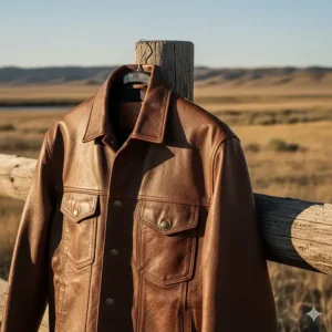 Close-up of a high-quality brown leather cowboy jacket showing detailed craftsmanship and durable material.