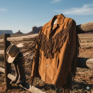 Stylish men's brown suede cowboy jacket with fringe detailing across the chest and sleeves, perfect for a Western look.