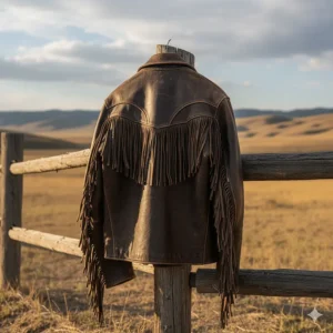 Back view of the cowboy jacket leather showcasing the shoulder seam detail and full length.