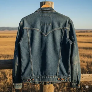 The back of a denim cowboy jacket, focusing on the iconic V-shaped yoke and adjustable waist tabs.
