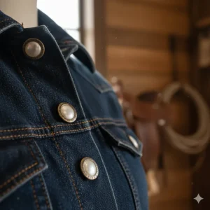 Detail shot of authentic Western-style pearl snap buttons on a classic cowboy denim jacket.