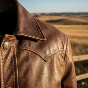 Detailed view of the lapel and stitching on a high-quality, distressed cowboy leather jacket.
