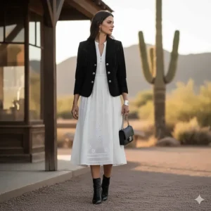 A chic way to style a black cowboy jacket ladies can wear over a dress.