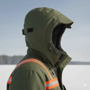 A side profile view of an ice fishing jacket's adjustable, insulated hood, showing how it provides full head and neck protection from wind and snow.