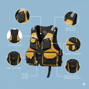 A detailed graphic showing the essential features of a modern fishing life jacket, such as pockets, D-rings, and rod holders.
