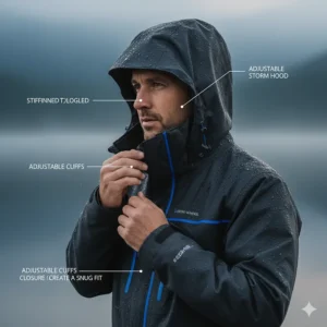 Image highlighting the adjustable hood and cuffs of a waterproof fishing jacket, designed for a snug fit.