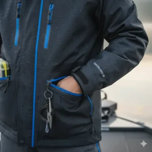 Detailed view of the multiple waterproof pockets and practical storage solutions on a fishing jacket.