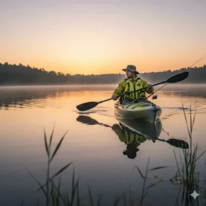 A close-up shot of an angler wearing a brightly colored fishing life jacket while paddling a kayak on a calm lake at sunrise.