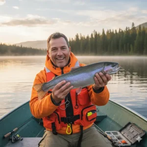 A man wearing a bright orange fishing life jacket is happily holding a fish he just caught while sitting in his boat on a lake.