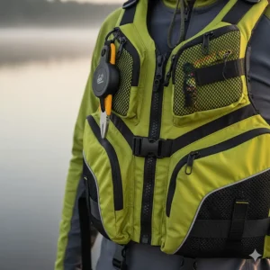 A detailed close-up of a fishing PFD's multiple zippered pockets and storage compartments, perfect for holding lures and small tackle boxes.