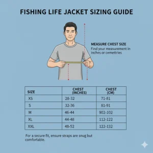 A comprehensive sizing chart for fishing life jackets, showing how to measure chest size for the perfect fit.